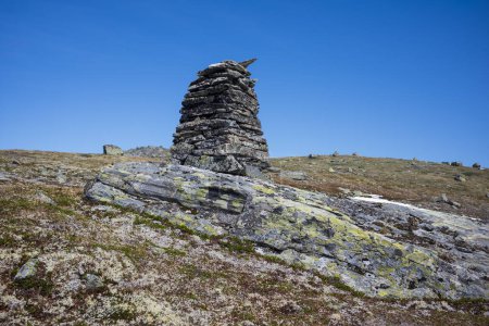 Téléchargez les photos : Parc national de Jotunheimen, Norvège, 25 juin 2023 : Monument où des hommes à cheval sont morts de froid en traversant les montagnes en 1862. - en image libre de droit