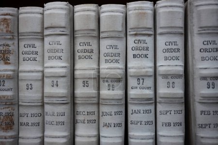 Montones de libros que contienen registros públicos se organizan cuidadosamente en una estantería que se encuentra en la biblioteca pública. 