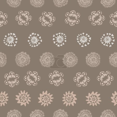 Illustration for Rows of floral mandalas seamless vector pattern in muted neutral colors. Surface print design for fabrics, stationery, scrapbook paper, textiles, backgrounds, and packaging. - Royalty Free Image