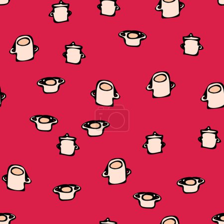 Illustration for Doodle cooking pots seamless vector pattern on hot red. Surface print design for fabrics, stationery, scrapbook paper, gift wrap, textiles, and packaging. - Royalty Free Image