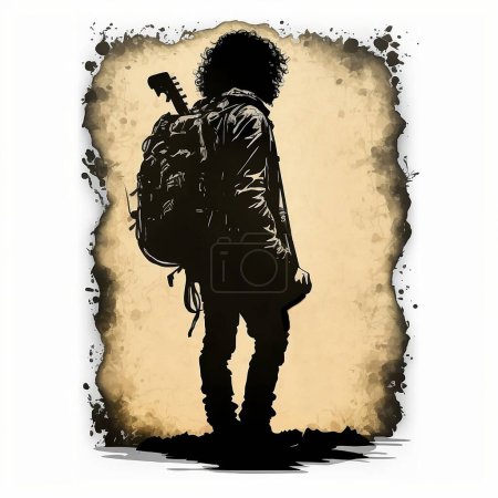 Photo for Generative AI, a ragged man with a curly hair with a guitar from the back in black and white - Royalty Free Image