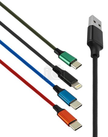 micro USB, Lightning and Type-C cable on white background in insulation
