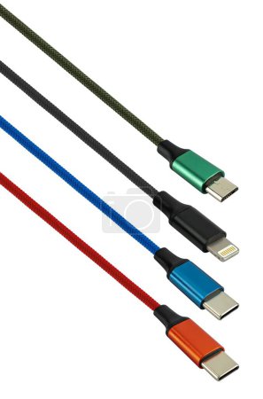 micro USB, Lightning and Type-C cable on white background in insulation