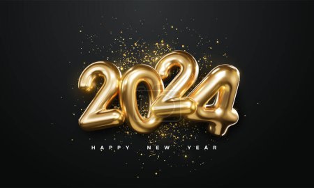 Illustration for Realistic 2024 golden numbers and festive confetti on black background. Vector holiday illustration. Happy New 2024 Year. New year ornament. Decoration element with tinsel - Royalty Free Image