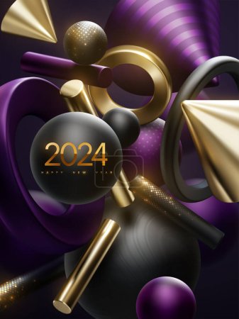 Illustration for Happy New 2024 Year. Holiday vector illustration golden numbers 2024 and abstract geometric 3d shapes. Festive poster or banner design. NYE party invitation - Royalty Free Image