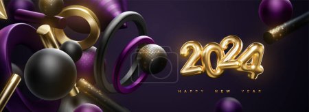 Illustration for Happy New 2024 Year holiday sign. Vector illustration of golden numbers 2024 and abstract flowing geometric 3d shapes. Festive poster or banner design. NYE party invitation - Royalty Free Image