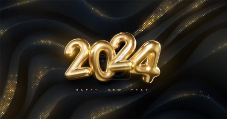 Happy New 2024 Year. Vector holiday illustration. Golden numbers 2024 on black geometric background with glitters. Festive event banner. Wavy topographic backdrop.