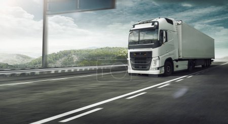 3D-Darstellung eines weißen Lastwagens mit Anhänger auf einer Autobahn