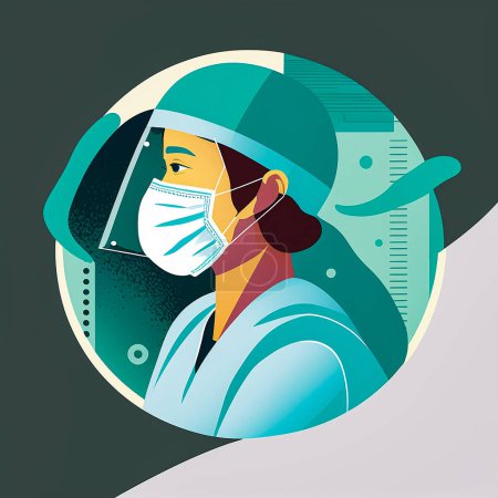 Foto de Ilustración de un trabajador sanitario, como un médico o un enfermero, que lleva una máscara facial y un equipo de protección durante la pandemia de COVID-19. - Imagen libre de derechos