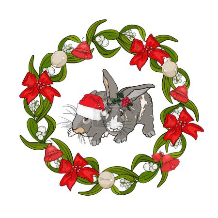 Foto de Ilustración de Navidad de conejos con muérdago. Las liebres como símbolo del Año Nuevo. Dos lindos conejos se besan bajo el muérdago, una rama navideña de la tradición. Diseño de tarjeta de vacaciones. - Imagen libre de derechos