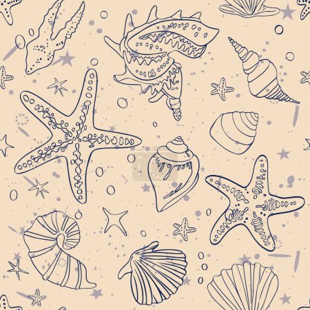 Sea shells, starfish, fashion seamless illustration. Fashionable summer stylish pattern. Print for wrapping paper. textiles, preparation for designers