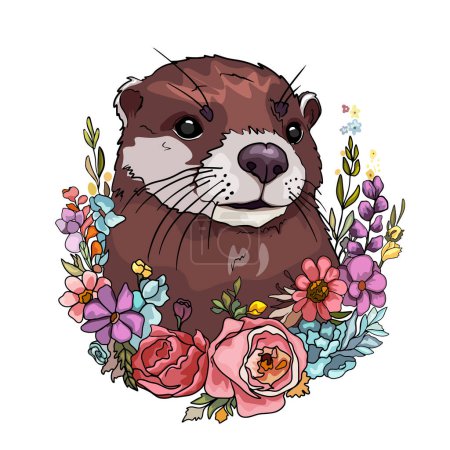 Portrait of a smiling realistic otter in watercolour colours. Portrait of a cute otter with a wreath. Vector illustration of wild animal and tropical flowers, design for children, logo, design blank
