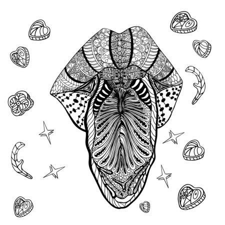Ilustración de Antistress coloring page. Mandala style. Open mouth, plump lips and a protruding tongue. Isolated on white. For child coloring book, tattoo design, print, package, card, designer, clothes, icon, logo - Imagen libre de derechos