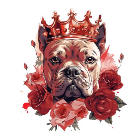 Illustration for Portrait of a Staffordshire Bull Terrier in a golden crown and red roses. Vector illustration. Cute Pit bull in flowers - Royalty Free Image