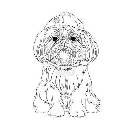 Illustration for Coloring page Maltese dog in a hat isolated on a white background. Realistic illustration of a dog smiling with shit, for printing on coloring pages - Royalty Free Image