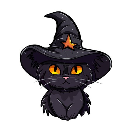 Téléchargez les illustrations : Un chat sorcier. Chat noir. Joyeux Halloween. mignon dessin animé chaton noir dans un chapeau d'Halloween - en licence libre de droit