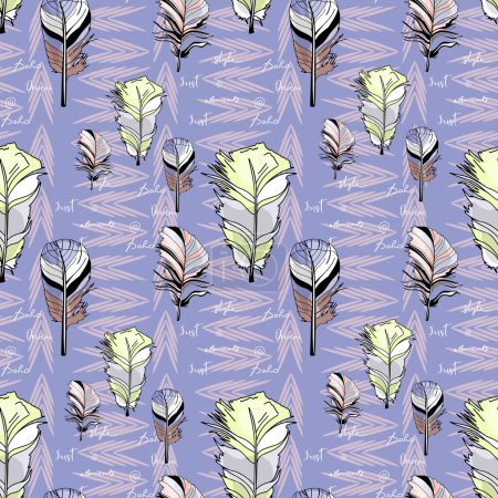 Seamless pattern with retro abstractions and feathers. Pattern from multi-colored elements. For printing, printing on fabric, sportswear