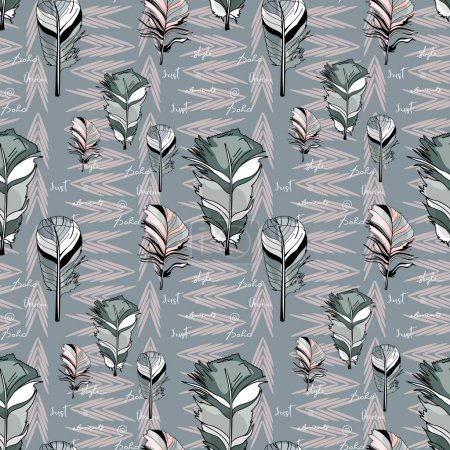 Seamless pattern with retro abstractions and feathers. Pattern from multi-colored elements. For printing, printing on fabric, sportswear