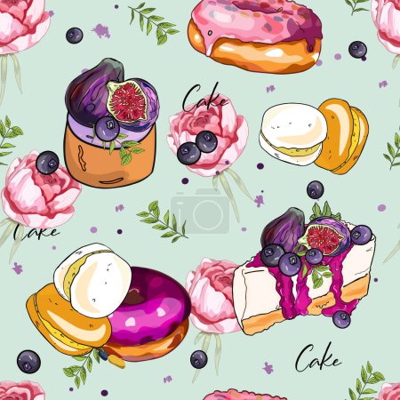 Desserts, macaroni, cheesecakes. Sweet dessert seamless pattern. Bright aesthetic composition for wallpaper, printing, posters, postcards, phone, cafes, bakeries