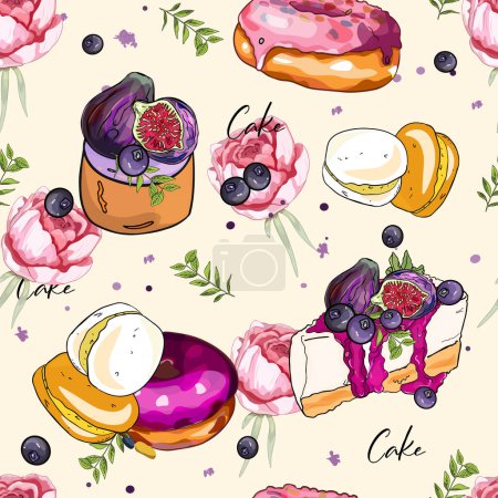 Desserts, macaroni, cheesecakes. Sweet dessert seamless pattern. Bright aesthetic composition for wallpaper, printing, posters, postcards, phone, cafes, bakeries