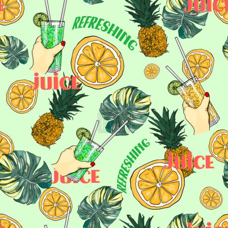 Freshly made with real fruits. Hand drawn jar with fruit pattern. Summer pattern, summer doodle icon