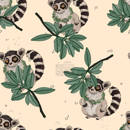 Muster fröhlicher Lemuren. Exotisches Tier mit einem Lächeln. Vektorillustration tropischer Blätter. Kleines nahtloses Muster als Rohlinge für Designer, Logos, Etiketten, Postkarten. Sommervorlage für Designer,