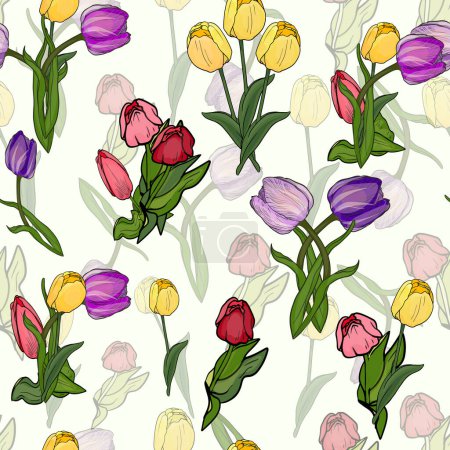 Seamless pattern of colorful tulips. Drawn, highly realistic, vector, spring flowers for fabric, prints, decorations, invitation cards.