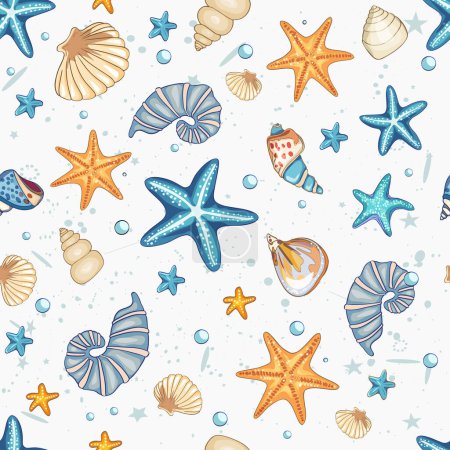 Illustration for Marine pattern. Fish, anchor, octopuses, sharks, whales. Vector seamless pattern with decorative sea elements. Vintage background - Royalty Free Image