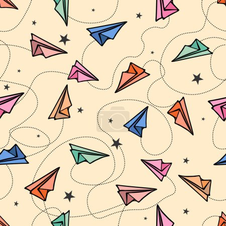 Vector pattern of paper colorful airplanes with path. For printing on a print, blank for a designer, T-shirt, packaging paper. wallpaper