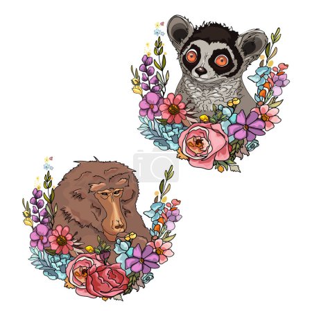 Vektorillustration eines Affen in Blumen, eines Lemurs in Blumen. Zum Drucken auf Drucken, Designerrohlingen, T-Shirts, Packpapier, Tapeten