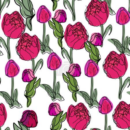 Nahtloses Muster bunter Tulpen. Gezeichnet, höchst realistisch, Vektor, Frühlingsblumen für Stoff, Drucke, Dekorationen, Einladungskarten.