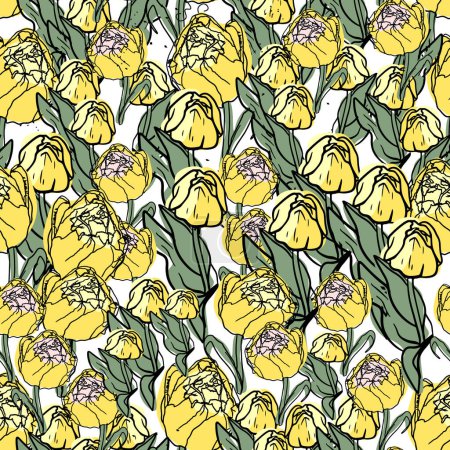 Nahtloses Muster bunter Tulpen. Gezeichnet, höchst realistisch, Vektor, Frühlingsblumen für Stoff, Drucke, Dekorationen, Einladungskarten.