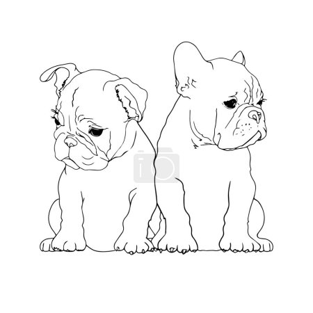 Vector illustration of two puppies in line. Isolated dog for printing in a coloring book, blank for designer, icon, logo