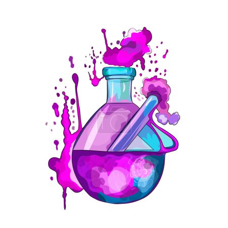 Chemistry icon. Scientific technique. Flat design for chemistry, laboratory, science, biotechnology concepts. The multicolored chemical boils and smokes. Isolated vector object on transparent background