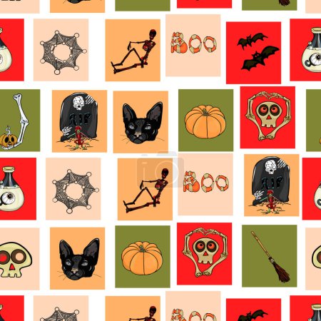 Vektorillustration des Halloween-Party-Musters. Ein Gnom mit fliegenden Netzen, Katzen, einem Hexenbesen. Nahtlose Illustration zu Halloween. Netter Hintergrund für Druck, Textilien, Kleidung, Packpapier