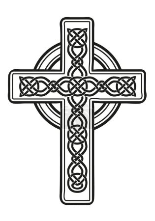 Celtic cross - decorated with Celtic ornaments, black and white vector illustration, isolated on white background
