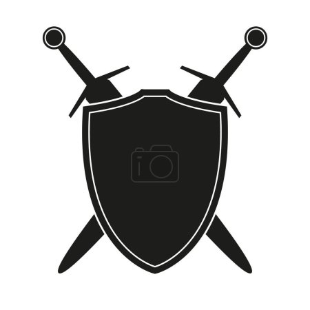 Téléchargez les illustrations : Shield with two crossed swords icon silhouette, vector illustration of medieval sword isolated on a white background - en licence libre de droit