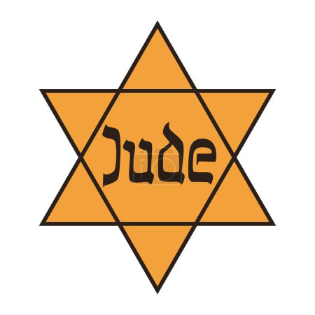 Illustration for Jewish Yellow badge - the emblem of a yellow Jewish star with the inscription Jude, vector illustration of hexagram symbol isolated on white background - Royalty Free Image