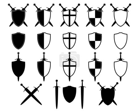 Foto de Escudo con la silueta icono conjunto espada, vector ilustración de espadas medievales y escudos aislados sobre un fondo blanco - Imagen libre de derechos