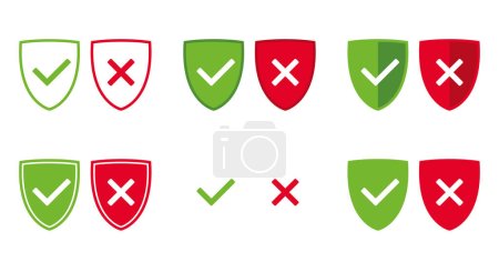 set of green and red shield with OK check mark and X cross icon symbol, vector illustration isolated on a white background