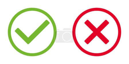 Foto de Garrapata verde y rojo x en círculo, OK marca de verificación y símbolo del icono de la cruz X, ilustración vectorial aislado sobre un fondo blanco - Imagen libre de derechos
