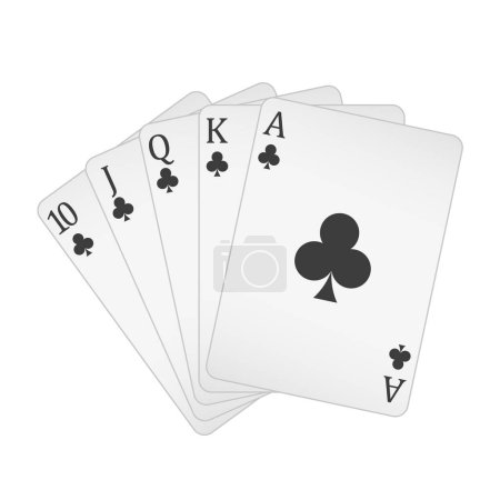 Spielkarten - eine Pokerhand bestehend aus einem Royal Flush Clubs 10 J Q K A, Vektordarstellung isoliert auf weißem Hintergrund