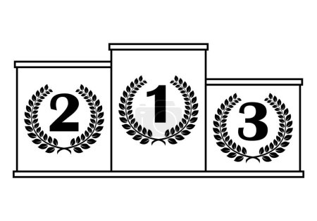 Téléchargez les illustrations : Podium gagnant avec des numéros en couronne de laurier, illustration vectorielle noir et blanc isolé sur fond blanc - en licence libre de droit