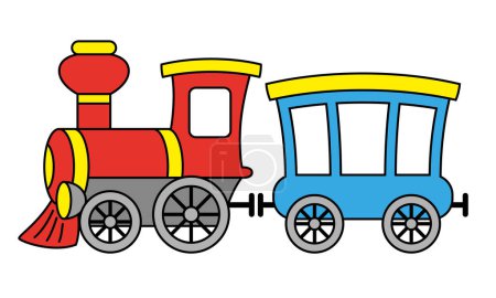 Téléchargez les illustrations : Train à vapeur illustration vectorielle de dessin animé couleur de locomotive à vapeur et de voiture de chemin de fer de passagers, isolé sur fond blanc - en licence libre de droit