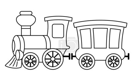 Téléchargez les illustrations : Train à vapeur illustration vectorielle de dessin animé noir et blanc de locomotive à vapeur et de voiture de chemin de fer, isolé sur fond blanc - en licence libre de droit