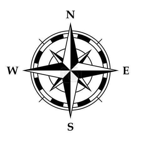 Illustration for Compass rose symbol, black and white vector illustration of four cardinal directions, white background - Royalty Free Image