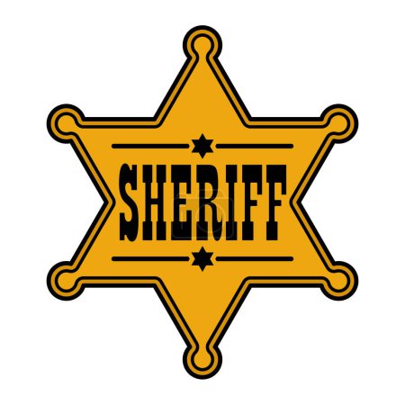 Téléchargez les illustrations : Étoile insigne shérif, l'emblème d'une étoile dorée à six branches avec l'inscription shérif, illustration vectorielle couleur de symbole hexagramme isolé sur fond blanc - en licence libre de droit