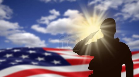 Soldier and USA flag on sunrise background .Concept National holidays close up , Flag Day, Veterans Day, Memorial Day, Independence Day, Patriot Day.