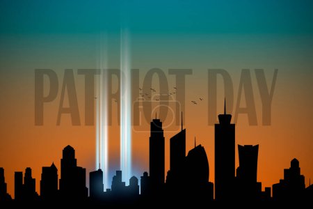 Téléchargez les photos : Jour du Patriote. Skyline de la ville de New York avec des projecteurs pointant vers le ciel de près. - en image libre de droit