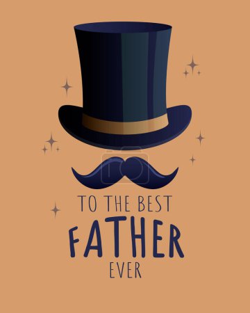 Happy Fathers Day. Holiday card with hat and mustache close up. Vector illustration.